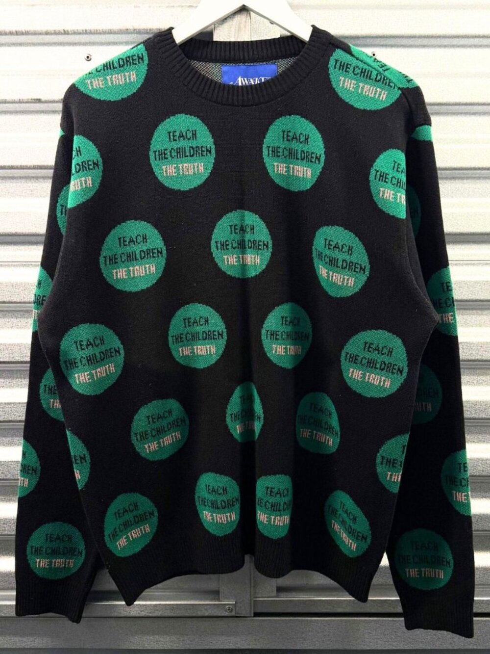 AWAKE NY THE TRUTH Black Green Cotton Blend Jacquard Crewneck Knit Sweater Sz L